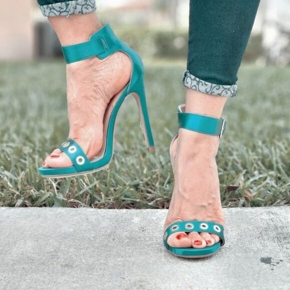 Women's Strappy Ankle High Heel Sandals Teal Color - Picture 2 of 7